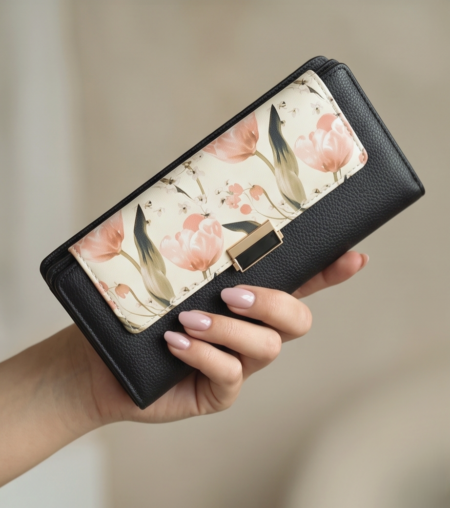 Monroe Lace floral flap wallet with vibrant flower pattern and leather accents, showcasing its stylish design and compact size.