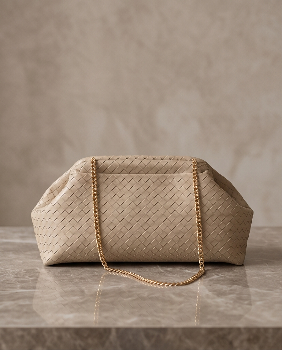 Beige Monroe Lace clutch bag with elegant design, featuring a sleek surface and compact size for stylish occasions.
