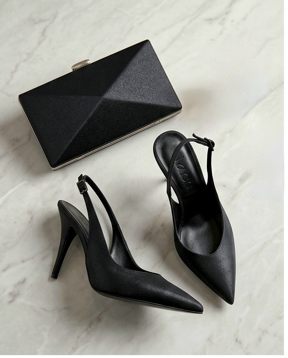 11cm heel shimmery black slingback