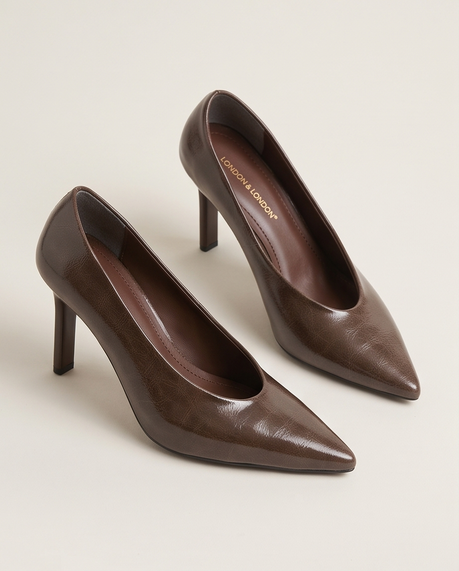 Brown Monroe Lace 9cm heel stiletto shoe showing the sleek pointed toe and elegant heel design.