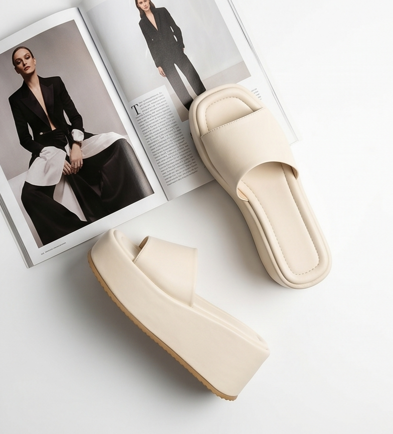 7.5cm height beige wedge slides