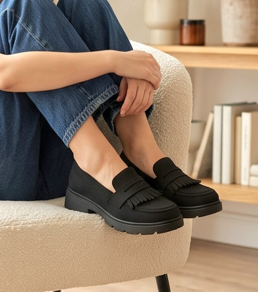 Black fringed loafers by Monroe Lace featuring tassel details and a classic slip-on design.