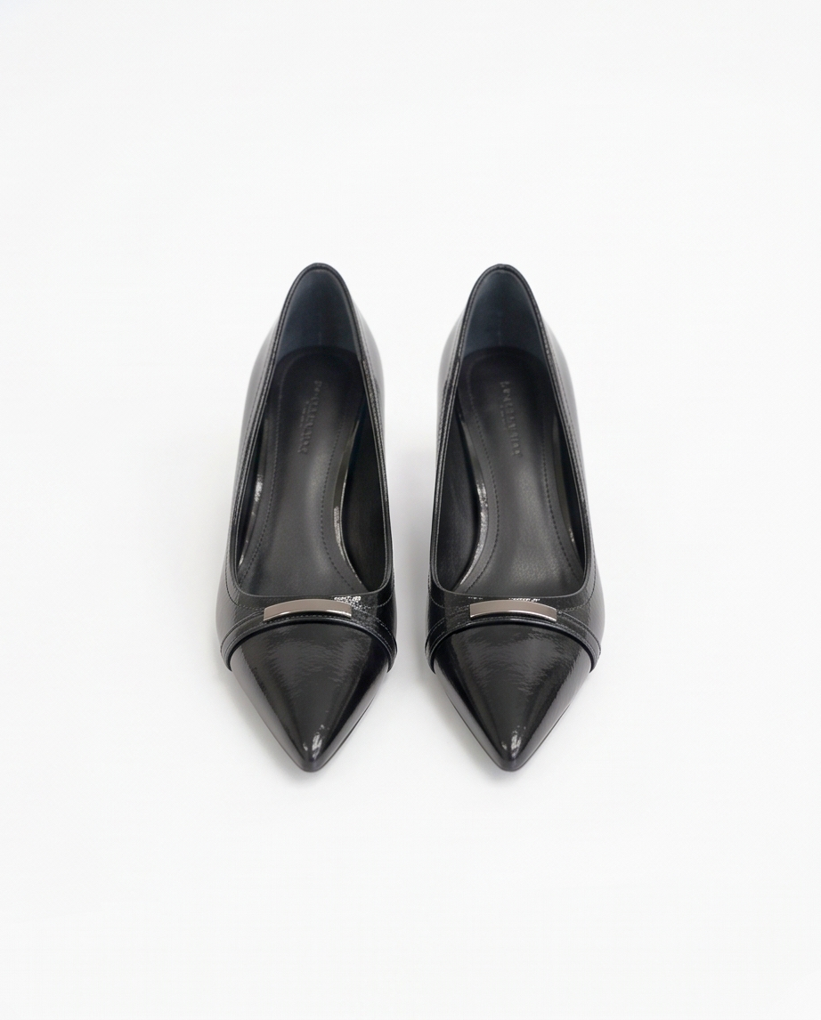 Black 6cm heel classic pumps by Monroe Lace featuring a sleek design and pointed toe on a neutral background.
