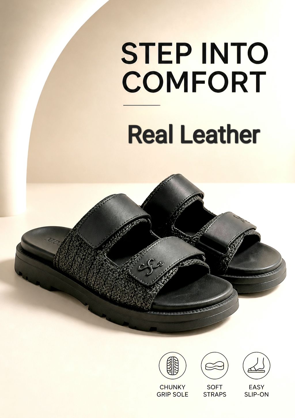 Monroe Lace real leather chunky slides featuring wide straps and a textured sole, perfect for casual summer wear.