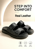 Monroe Lace real leather chunky slides featuring wide straps and a textured sole, perfect for casual summer wear.