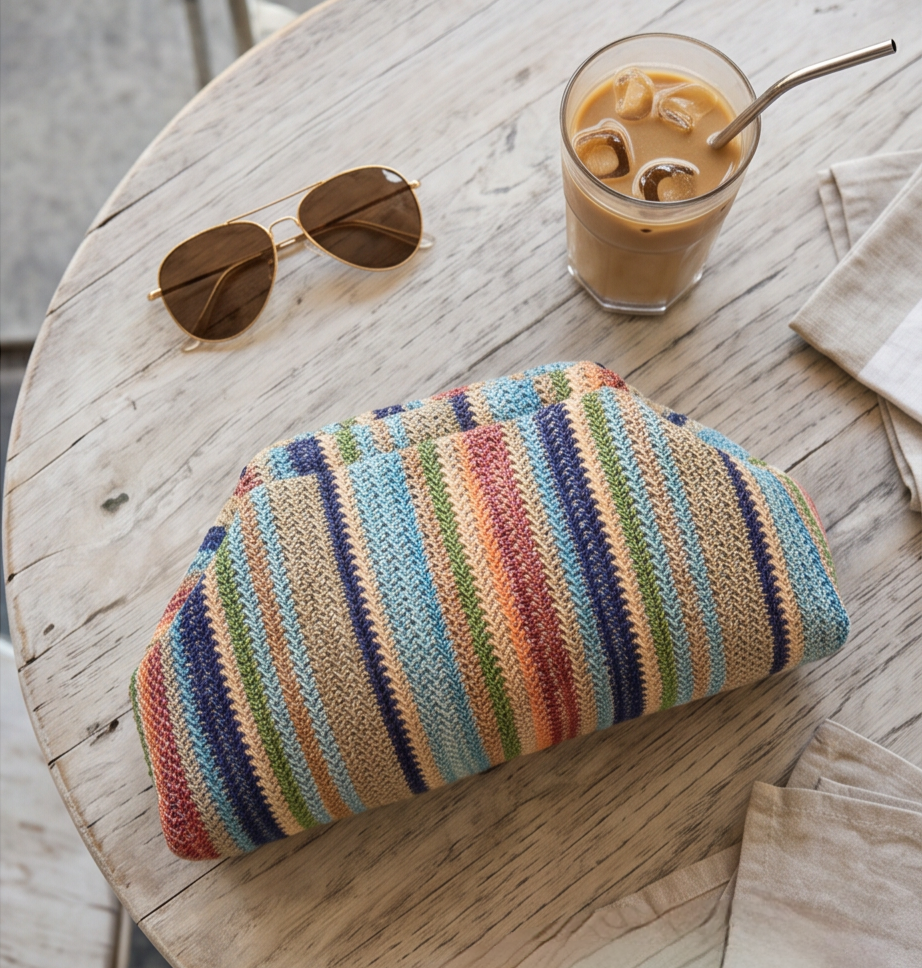 Woven clutch purse by Monroe Lace featuring a textured pattern and a sleek, compact design with a zipper closure.