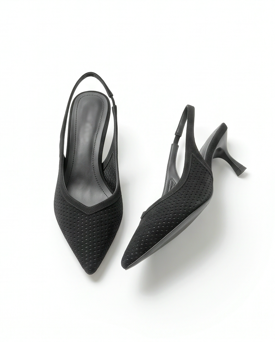 Monroe Lace 6cm heel perforated suede slingback shoes with open toe and adjustable strap, stylish and comfortable footwear.