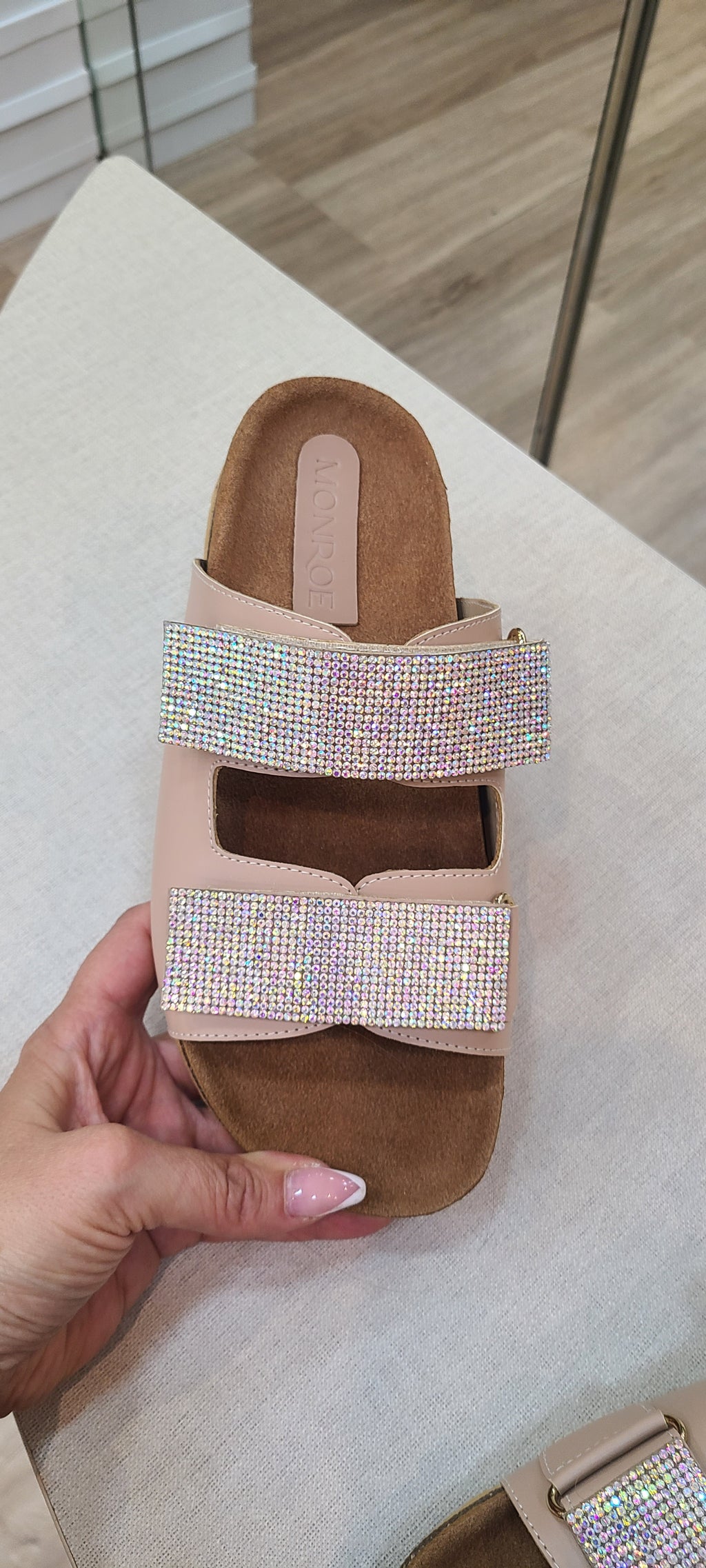 Real leather nude slides by Monroe Lace featuring open-toe design and cushioned sole for comfortable, stylish footwear.