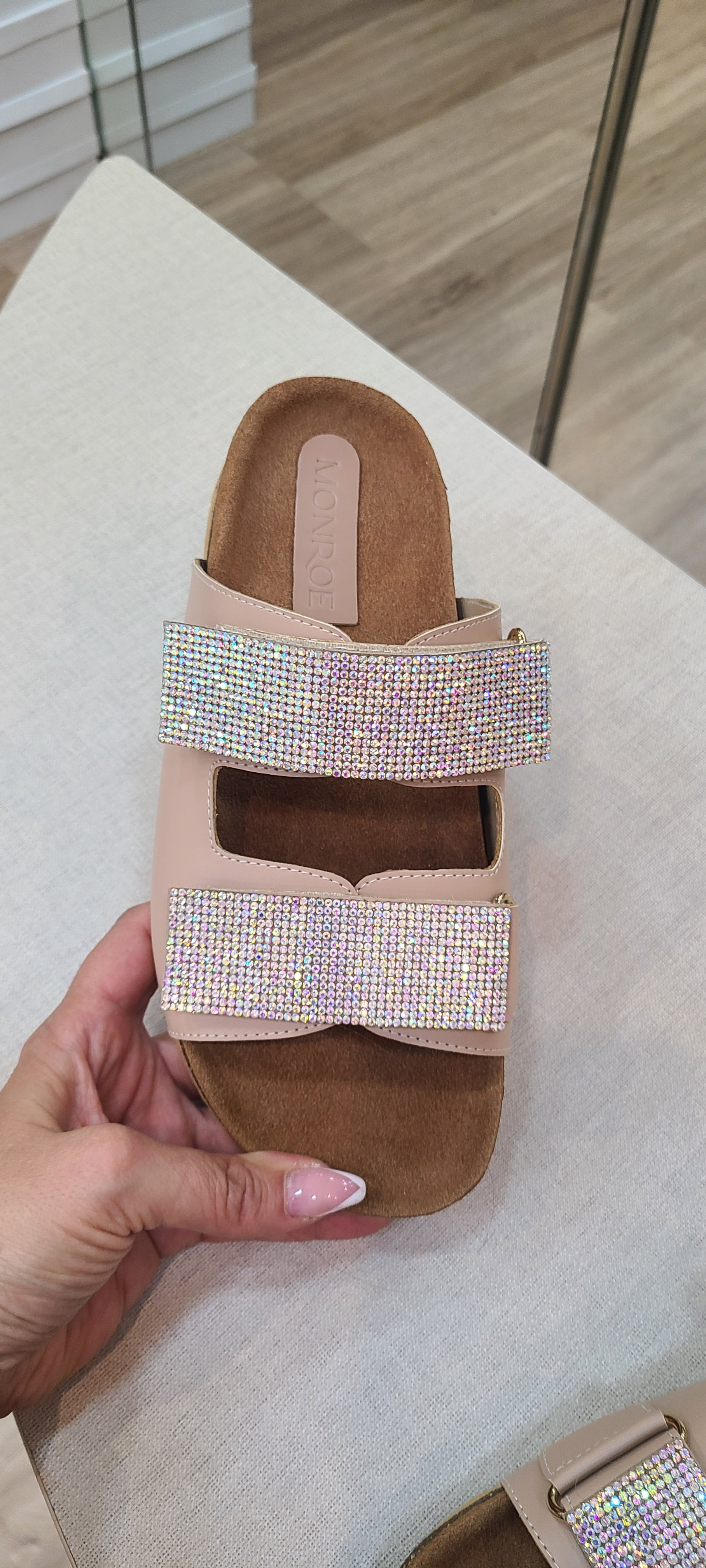 Real leather nude slides by Monroe Lace featuring open-toe design and cushioned sole for comfortable, stylish footwear.