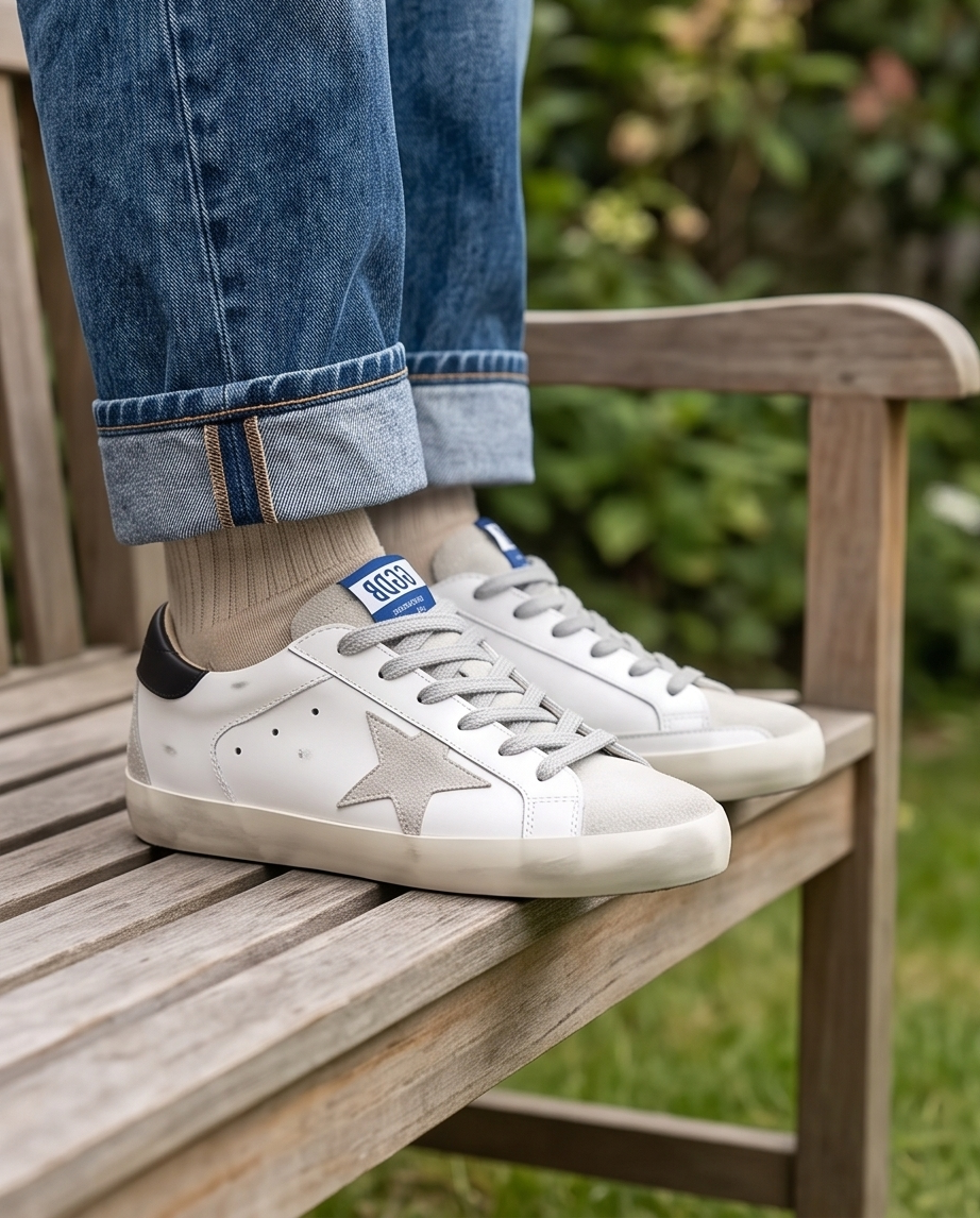 Golden Goose Monroe Lace sneakers with white leather and gold accents, stylishly displayed on a plain background.