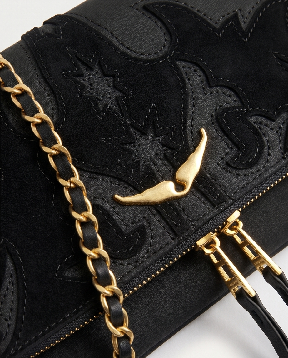 Small designer's bag by Monroe Lace featuring a sleek, compact silhouette with elegant detailing and a stylish strap.