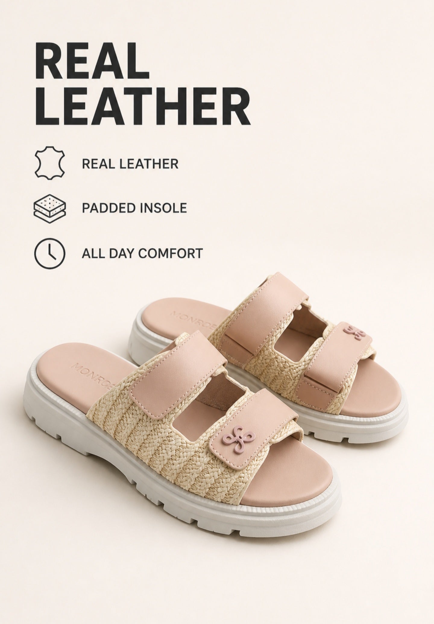 Real leather chunky slides by Monroe Lace featuring thick soles and wide straps, perfect for casual summer wear.